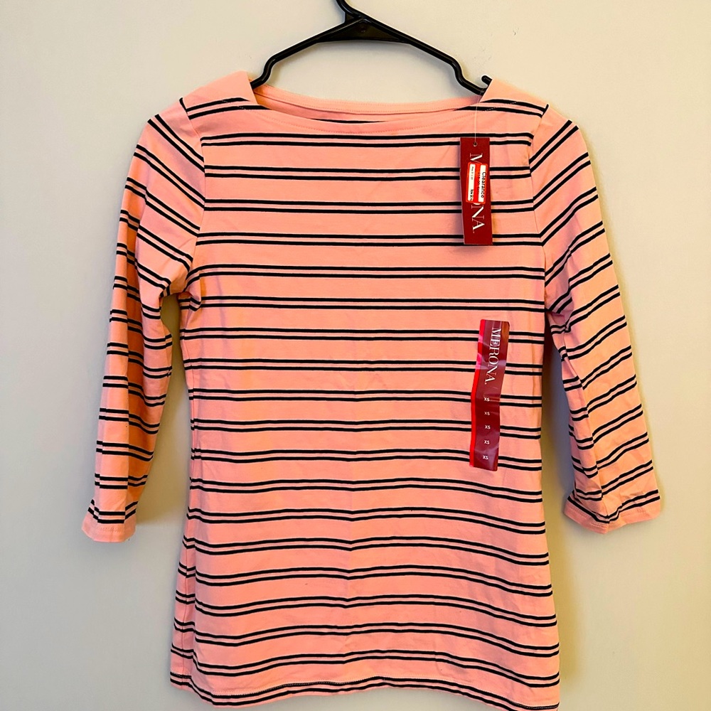 NWT MERONA Pink and Navy Striped 3/4 Sleeve Shirt XS